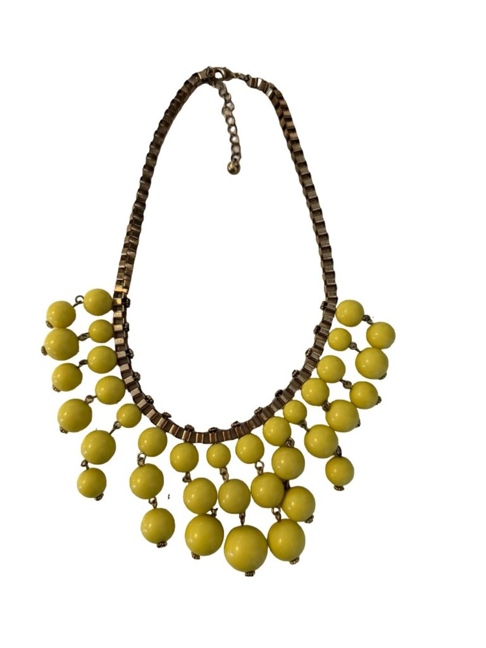 Vintage Yellow Bead Statement Necklace Gold Tone Bib Fringe Adjustable 14 Inch